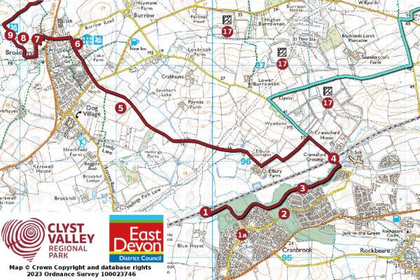 Map of route from Cranbrook to Broadclyst