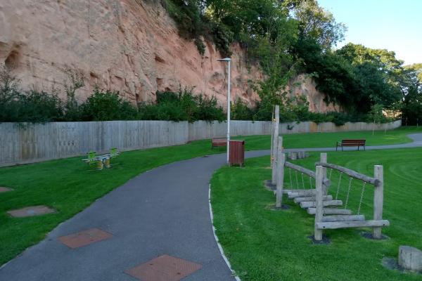 Red sandstone at Bishops Court Play Area