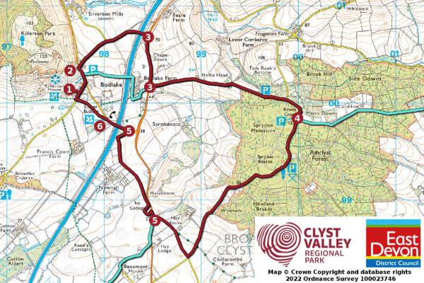 Map of circular route from Killerton to Ashclyst Forest and back