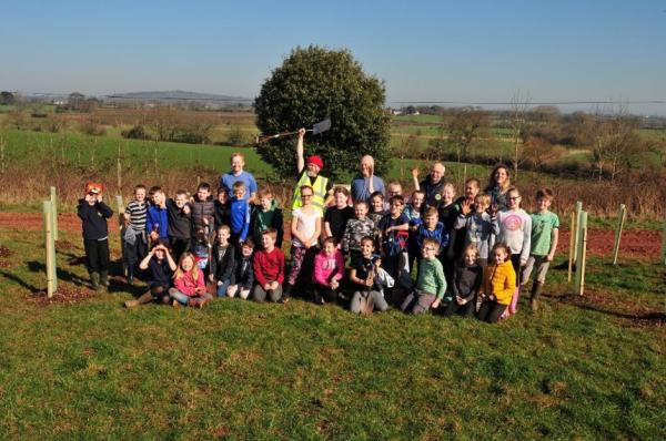 Pupils from Broadclyst Primary School planted 150 English Oaks on a single day in February 2019 on farmland at Clyst Honiton next to a public footpath.