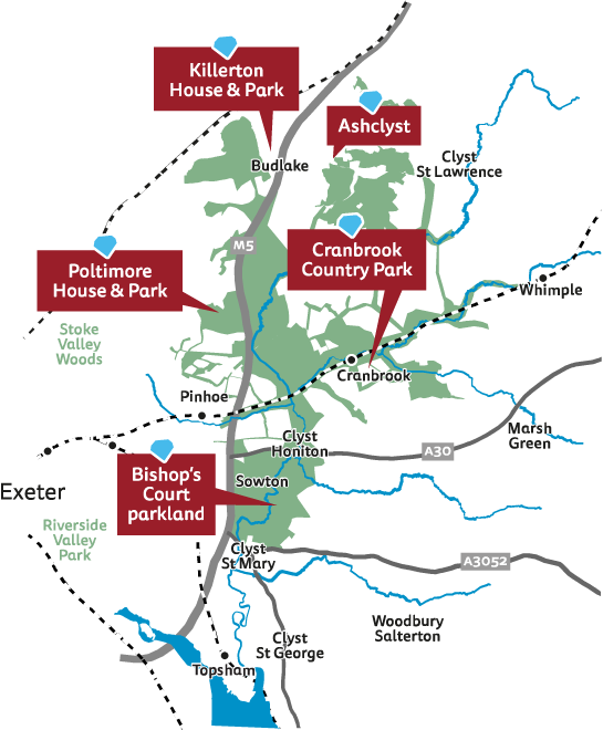 The park is east of the city of Exeter. It extends from the White Down and Paradise Copse woodland in the north and Whimple in the east, to Topsham in the south and Pinhoe in the west. It includes the settlements of Budlake, Broadclyst, Cranbrook, Rockbeare, Clyst Honiton and Sowton village. Stoke Valley Woods and Riverside Valley Park are outside the park to the west. The M5 motorway and the A30 and A3052 roads run through the park.