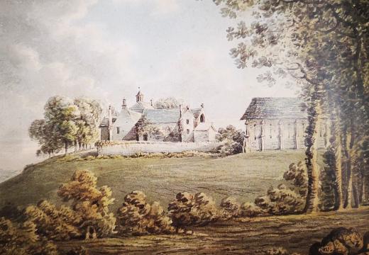 A watercolour from the 1801 diary of the Reverend Swete showing Bishop's Court palace and tithebarn